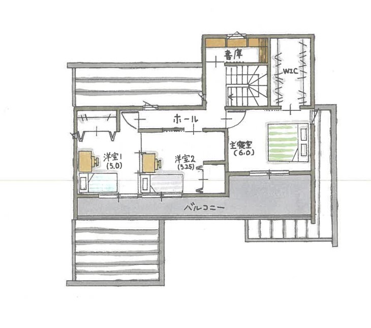 コラボハウス一級建築士事務所 【2000万円台/約38坪/間取図有】子育て中の設計士と建てた、自然素材が癒しのLDKとモダンなキューブ型の家の間取り図（4LDK）2階