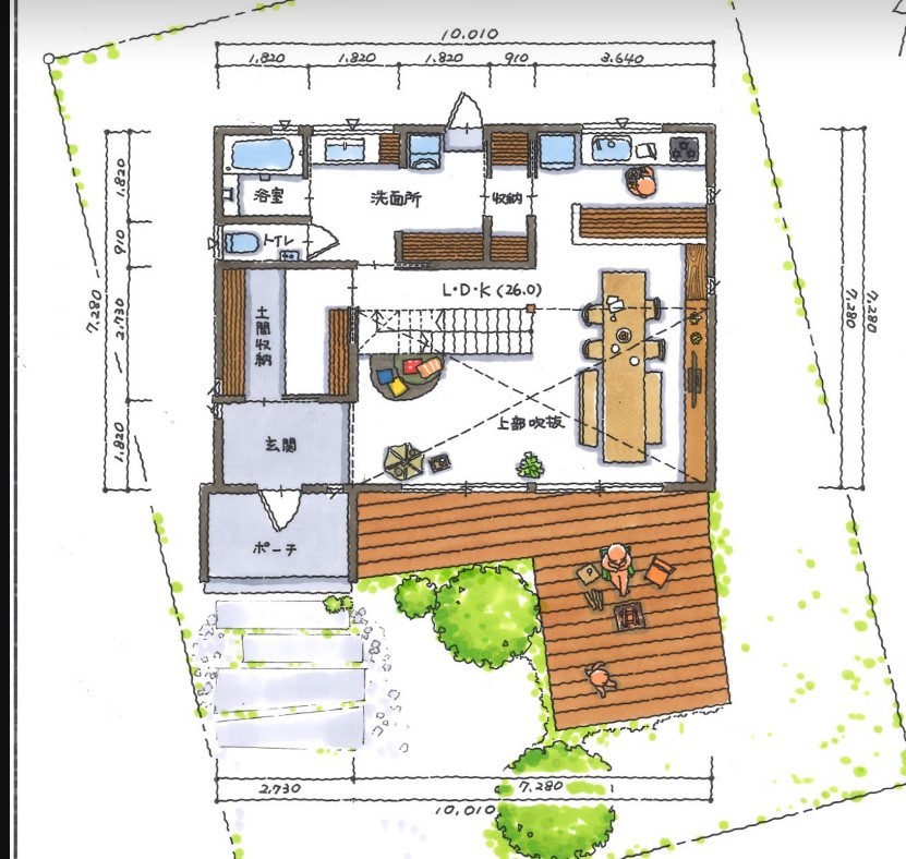 コラボハウス一級建築士事務所 【3000万円／間取り図有】6畳エアコン1台で家全体をカバー。断熱・日射・通風を計算しつくして1年中快適にの間取り図（4LDK）1階