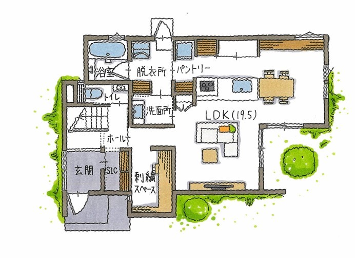 コラボハウス一級建築士事務所 【1000万円台/30坪/間取り図有/吹抜け】銀黒ガルバ×グレージュの塗り壁×タイルが上質さを演出するハコの家の間取り図（2LDK）1階