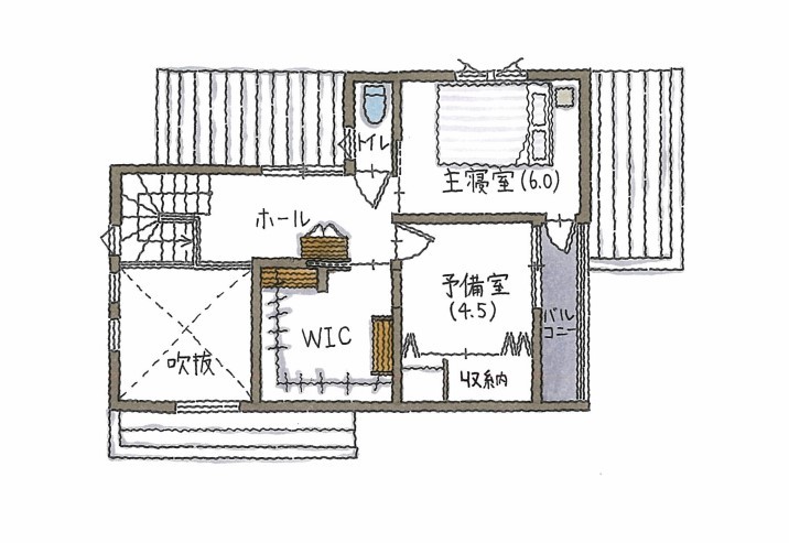 コラボハウス一級建築士事務所 【1000万円台/30坪/間取り図有/吹抜け】銀黒ガルバ×グレージュの塗り壁×タイルが上質さを演出するハコの家の間取り図（2LDK）2階