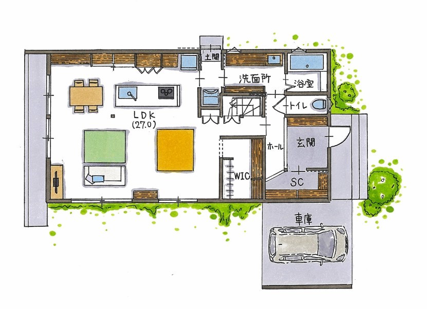コラボハウス一級建築士事務所 【2200～2300万円×屋根付きガレージ×広々リビング】造作収納も北欧テイストに。集めた北欧家具に似合う家の間取り図（3LDK）1階