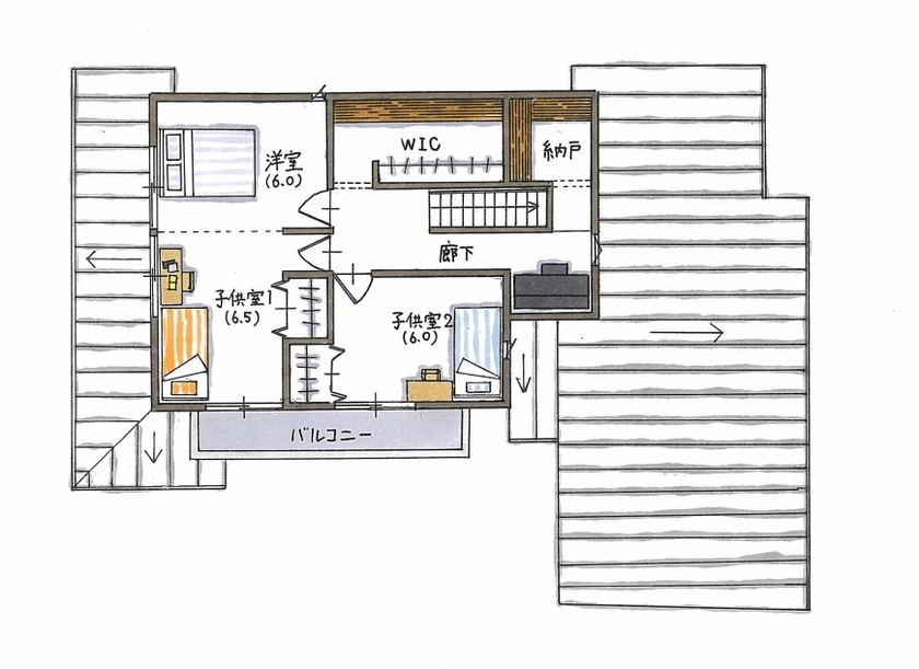 コラボハウス一級建築士事務所 【2200～2300万円×屋根付きガレージ×広々リビング】造作収納も北欧テイストに。集めた北欧家具に似合う家の間取り図（3LDK）2階
