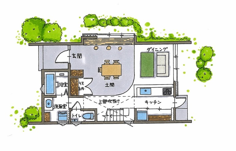 コラボハウス一級建築士事務所 【1000万円台/約28坪/土間/間取り図有】可愛い三角屋根が特徴！将来は店舗併用を見据えた北欧テイストの家の間取り図（2LDK）1階