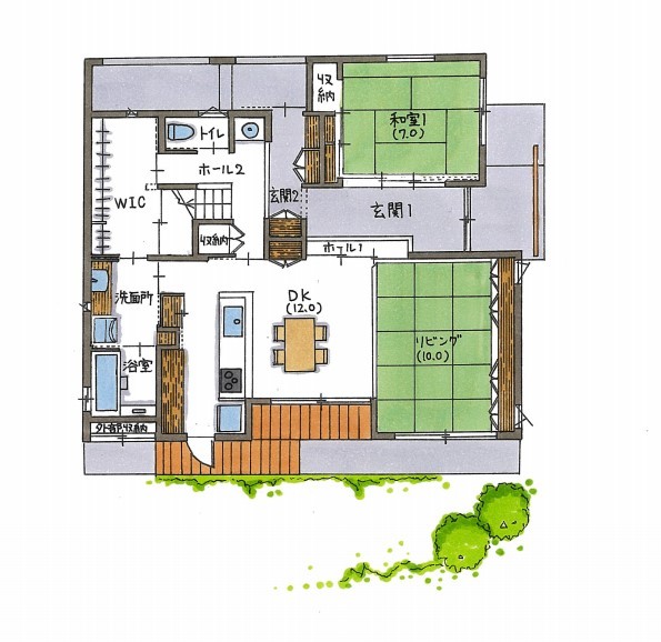 コラボハウス一級建築士事務所 【2000万円台/土間/間取り図有】まるで旅館のような和の 佇まい！シンプルで和室と通り土間がこだわりの家の間取り図（4LDK）１階