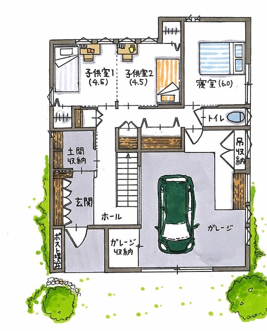 コラボハウス一級建築士事務所 【2100～2200万円/間取り図有】インナーガレージ×趣味室、２階リビング×シアタールーム…大人の憧れを凝縮の間取り図（4LDK）1階