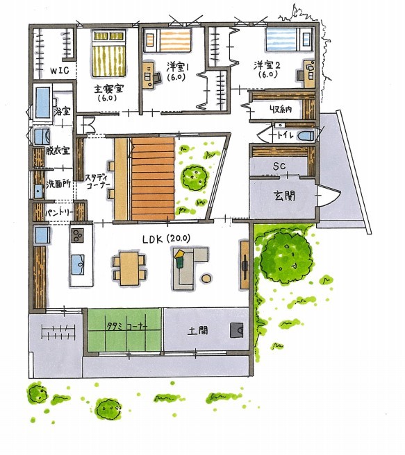 コラボハウス一級建築士事務所 【平屋×中庭×2000万円台/間取り図有】玄関も廊下も圧倒的な開放感！愛犬も喜ぶ薪ストーブのあるロの字の家の間取り図（3LDK）１階