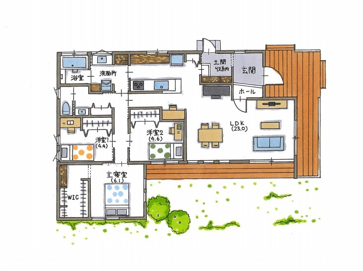 コラボハウス一級建築士事務所 【1000万円台/約29坪/ヘリンボーン/見せ梁/間取り図有】カバードポーチが明るい印象のサーファーズ×平屋の間取り図（3LDK）1階
