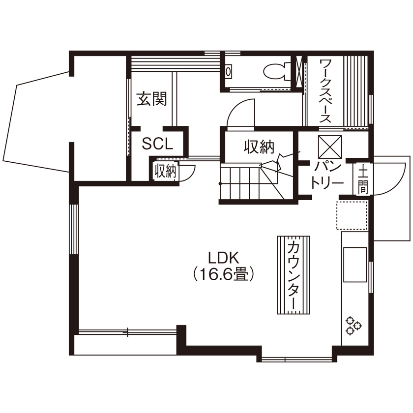 コラボハウス一級建築士事務所 【2000万円台／約30坪】経年変化を楽しむ和モダン／焼杉の外観／２階水回り／ミニマルで豊かな暮らしの間取り図（2LDK+WS）1階