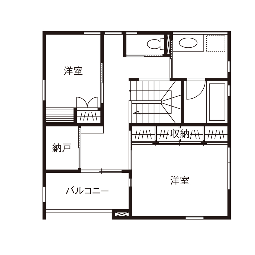 コラボハウス一級建築士事務所 【2000万円台／約30坪】経年変化を楽しむ和モダン／焼杉の外観／２階水回り／ミニマルで豊かな暮らしの間取り図（2LDK+WS）2階