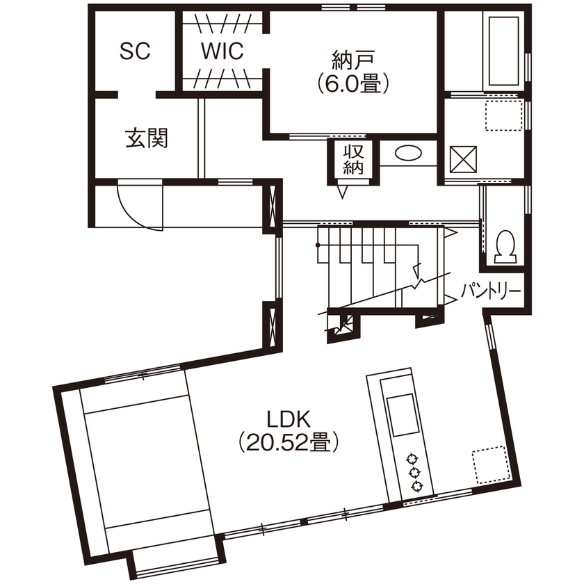 コラボハウス一級建築士事務所 【2000万円台／約36坪】広々LDKのあるナチュラルなお家／眺めの良いライブラリー・スタディスペースの間取り図（2LDK+ロフト）1階