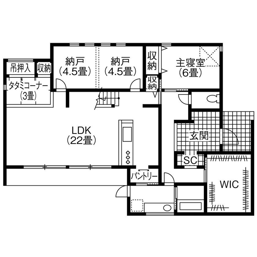 コラボハウス一級建築士事務所 【3000万円台／約33坪／間取り図有】お洒落好きな夫婦が住む高天井の平屋／ ロフト／回遊動線の間取り図（1LDK+WIC+納戸+ロフト）1階