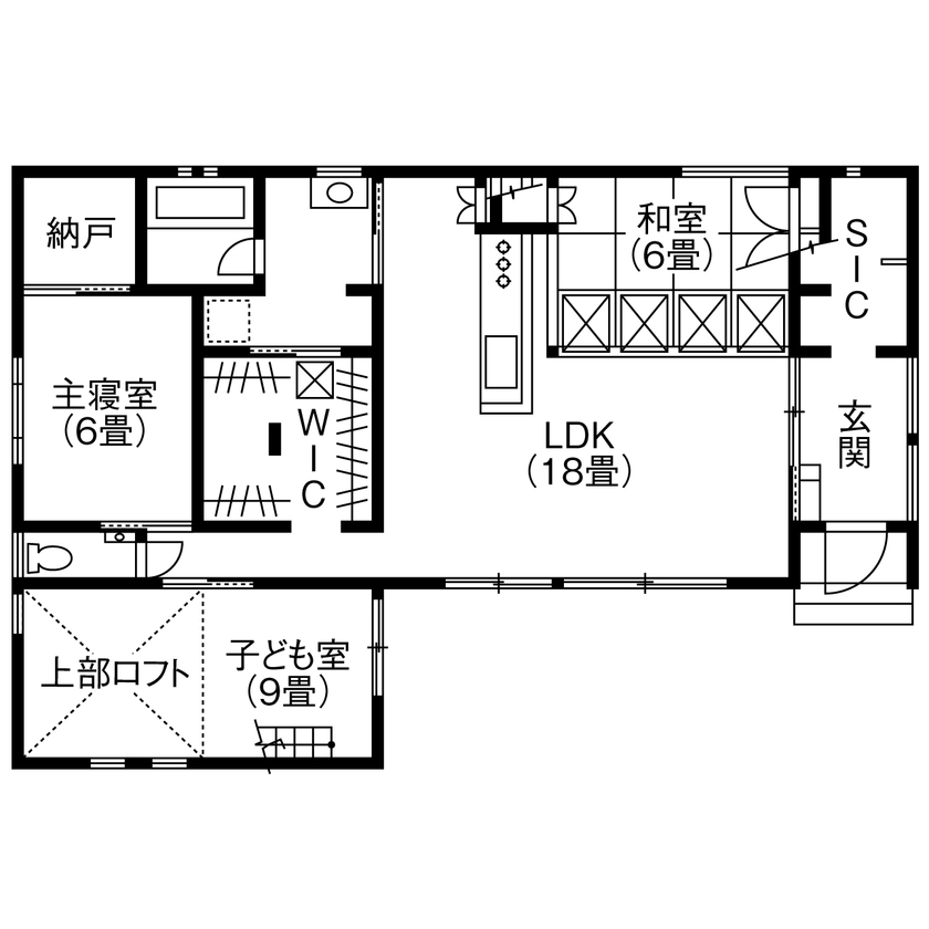 コラボハウス一級建築士事務所 【2000万円台／約30坪／間取り図有】平屋暮らし／本棚階段と陽だまりの家／キッチン裏にランドリールームの間取り図（3LDK+ロフト）1階
