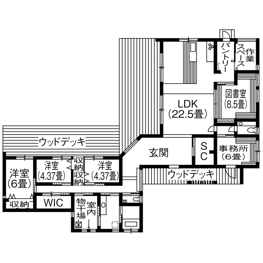 コラボハウス一級建築士事務所 【4000万円台／約48坪／間取り図有】海と暮らすL字の平屋／多くの蔵書を保管する図書室／薪ストーブの間取り図（5K以上）1階