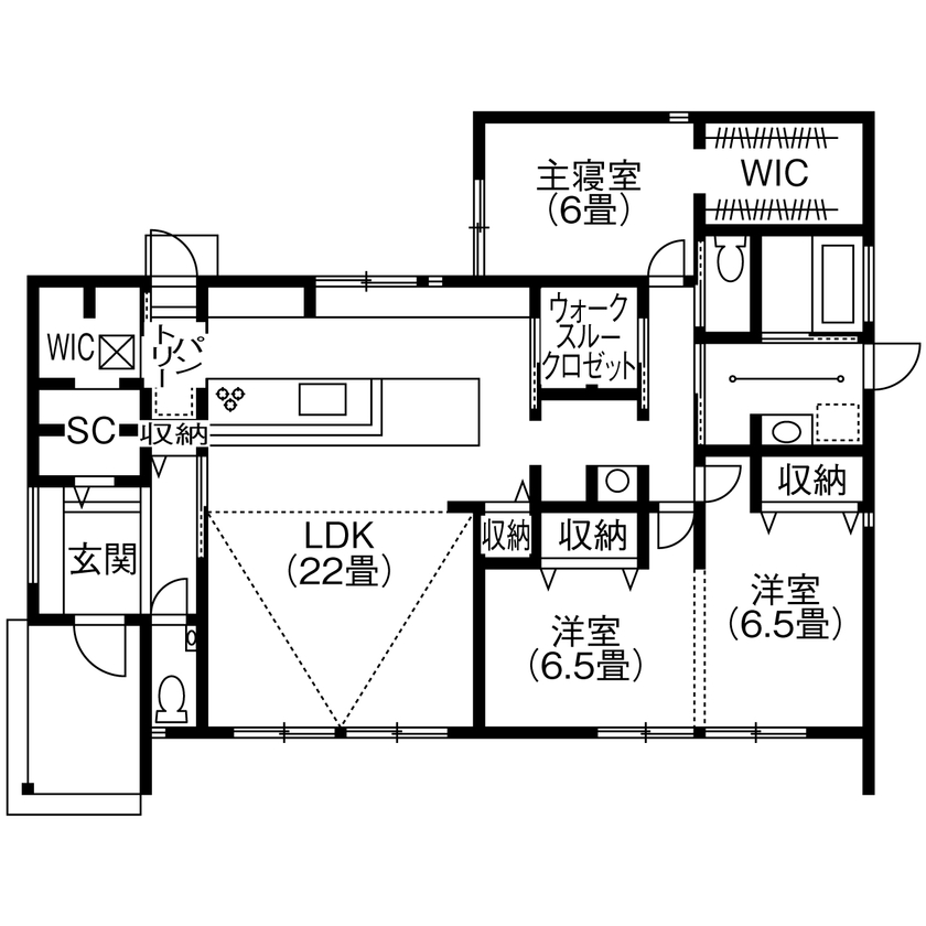 コラボハウス一級建築士事務所 【2000万円台／約34坪／間取り図有】秀逸な家事動線／アジアンリゾートな平屋の間取り図（3LDK+WIC）1階
