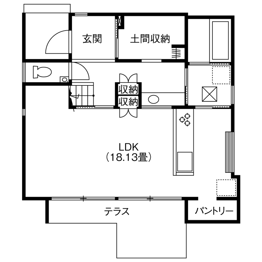 コラボハウス一級建築士事務所 【2000万円台／約29坪／間取り図有】真っ白な三角屋根の家／庭にある築山は子どもの絶好の遊び場の間取り図（3LDK+WIC+土間収納）1階