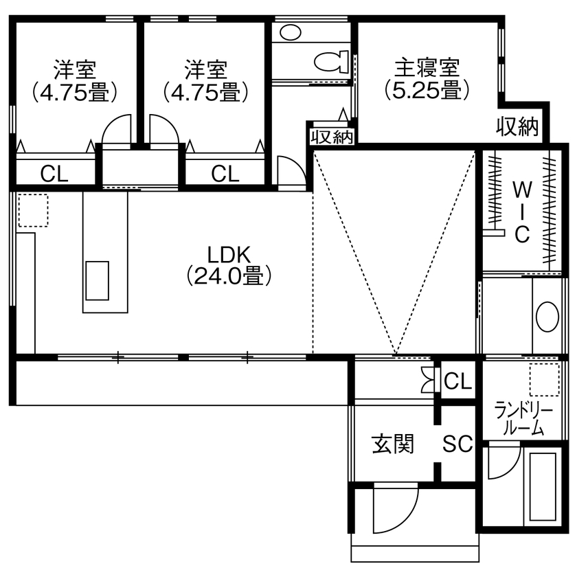 コラボハウス一級建築士事務所 【2000万円台／約29坪／間取り図有】 シンプルモダンな白ガルバの平屋／勾配天井のリビングの間取り図（3LDK+WIC）1階