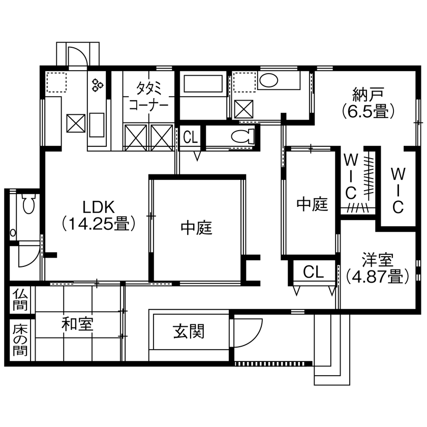 コラボハウス一級建築士事務所 【3000万円台／約31坪／間取り図有】 2つの中庭がある洗練された高級和モダンな平屋の間取り図（2LDK+納戸）1階