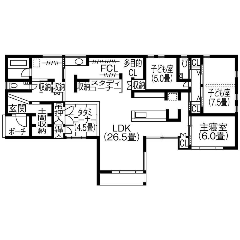 コラボハウス一級建築士事務所 【2000万円台／約38坪／間取り図有】三角屋根のJapandi styleのお家／アーチや三角の入口／平屋の間取り図（3LDK+タタミコーナー）1階