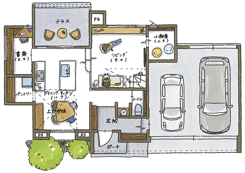 コラボハウス一級建築士事務所 5000万円台｜間取り図｜ガレージハウス｜「食べるのも料理するのも大好き」キッチンが暮らしの真ん中の間取り図（４LDK＋書斎）1階