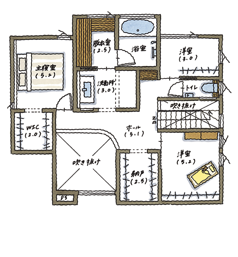 コラボハウス一級建築士事務所 5000万円台｜間取り図｜ガレージハウス｜「食べるのも料理するのも大好き」キッチンが暮らしの真ん中の間取り図（４LDK＋書斎）2階