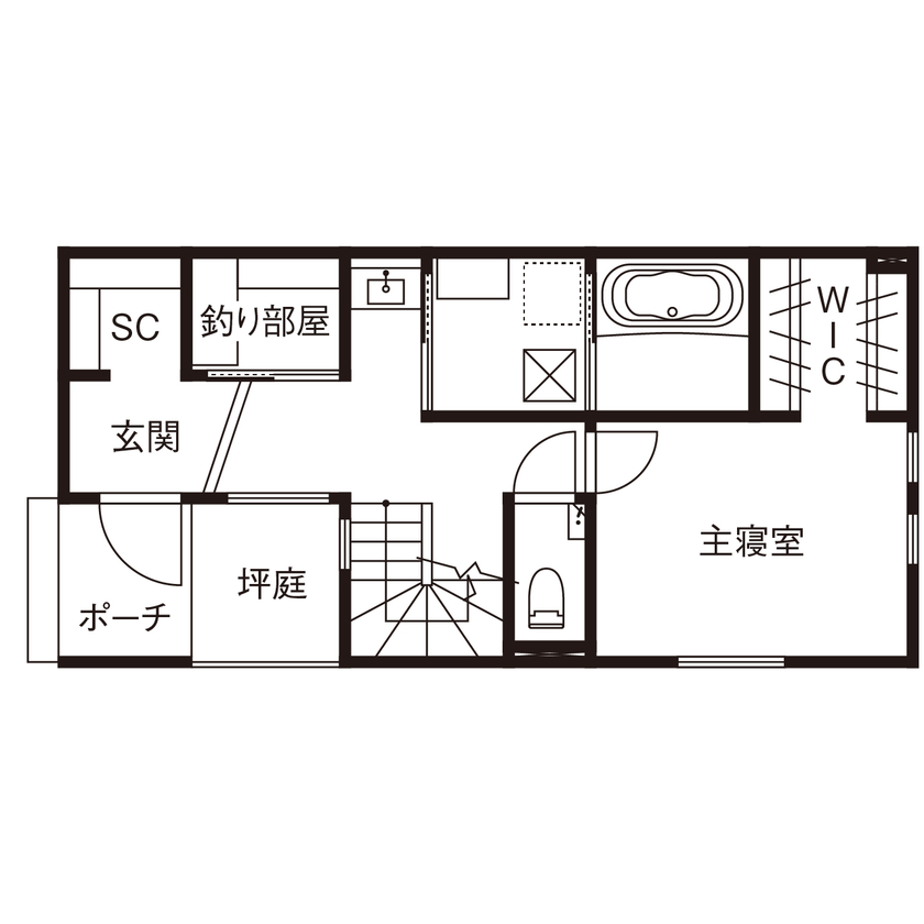 コラボハウス一級建築士事務所 2000万円台｜間取り図｜2階リビング｜坪庭をコの字型に囲む家。隅々まで光が届き、明るく開放感いっぱいの間取り図（2LDK＋ロフト）1階