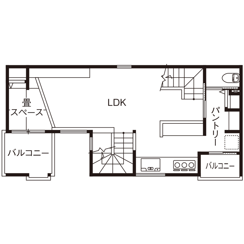 コラボハウス一級建築士事務所 2000万円台｜間取り図｜2階リビング｜坪庭をコの字型に囲む家。隅々まで光が届き、明るく開放感いっぱいの間取り図（2LDK＋ロフト）2階