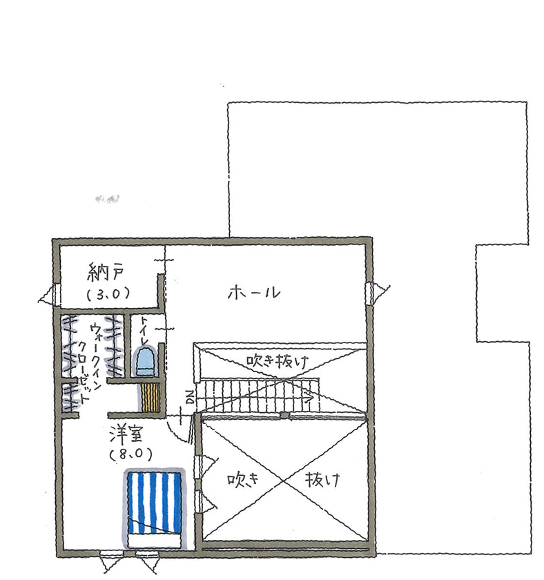 コラボハウス一級建築士事務所 4000万円台｜堺市｜間取り図｜外に閉じ、内に開く。プライバシーが守られた中庭のある家の間取り図（3LDK）2階