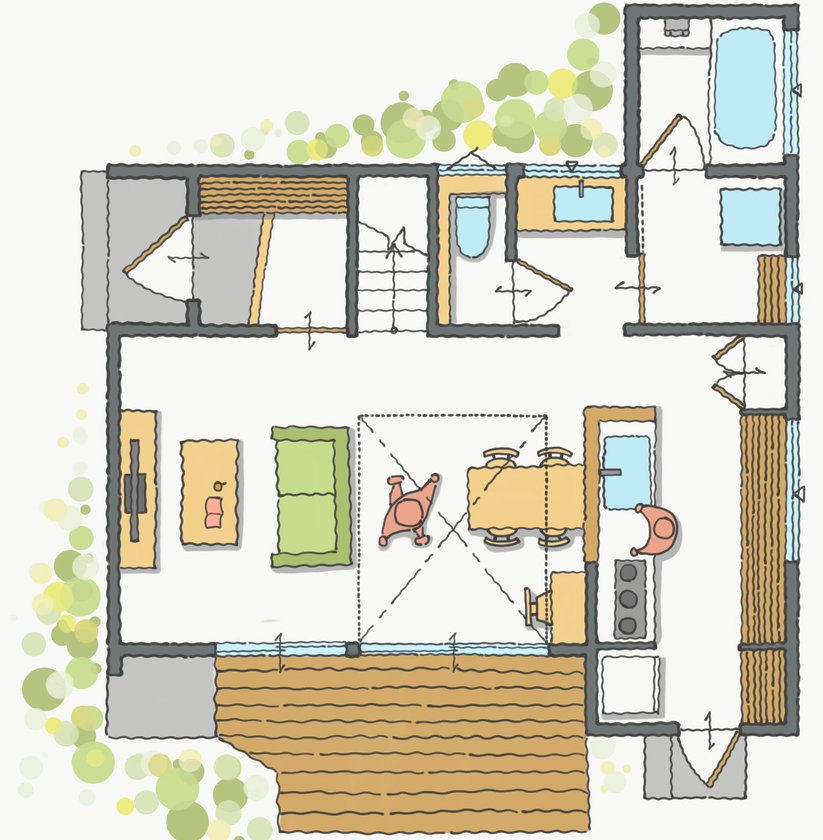 コラボハウス一級建築士事務所 2000万円台｜間取り図｜延べ床面積24.5坪。小さいけど、広くて開放感いっぱい。家族がのびのびと暮らせる家の間取り図（2LDK）1階