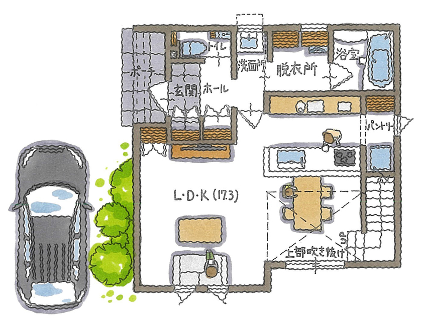 コラボハウス一級建築士事務所 2000万円台｜堺市｜耐震等級3｜間取り図｜敷地20坪台で叶えた、大人ナチュラルな木の家の間取り図（3LDK）1階