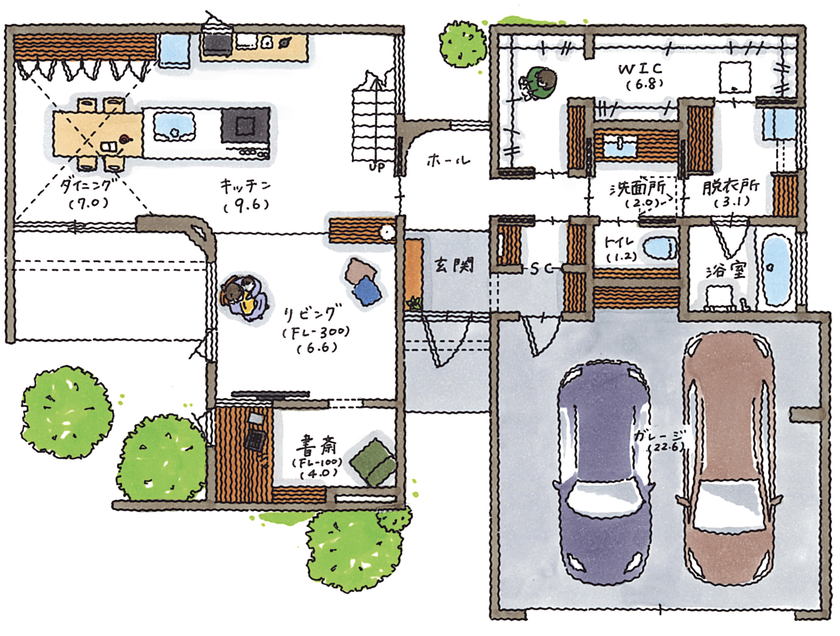 コラボハウス一級建築士事務所 4000万円台｜間取り図｜ガレージハウス｜外に閉じ、内に開く。プライベート感と開放感が共存する家の間取り図（2LDK＋書斎）1階