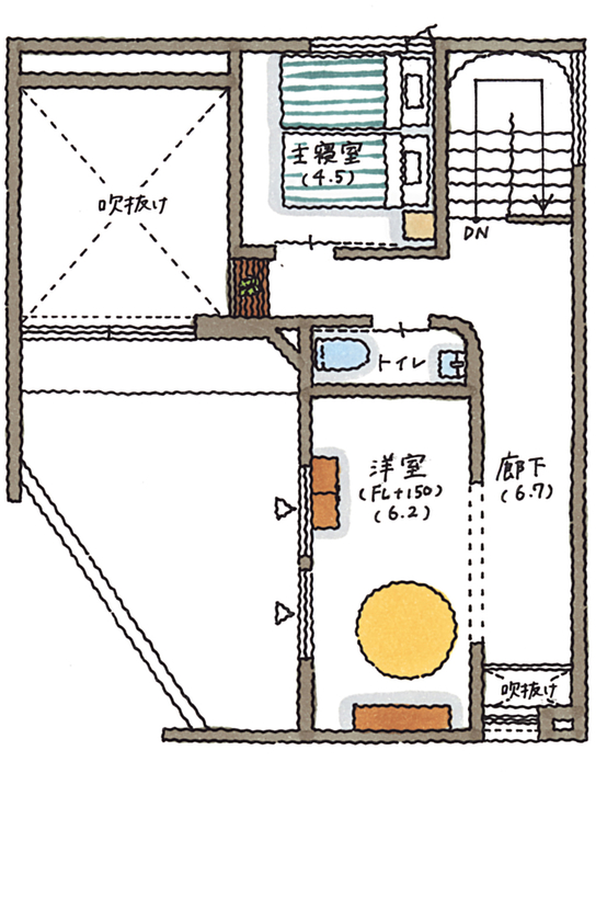 コラボハウス一級建築士事務所 4000万円台｜間取り図｜ガレージハウス｜外に閉じ、内に開く。プライベート感と開放感が共存する家の間取り図（2LDK＋書斎）2階