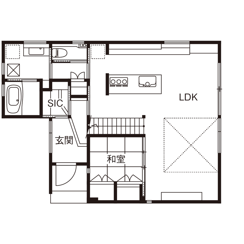コラボハウス一級建築士事務所 2000万円台｜間取り図｜吹き抜け｜陽だまりリビングに家族が集う、木が心地よい大人ナチュラルな家の間取り図（4LDK）1階