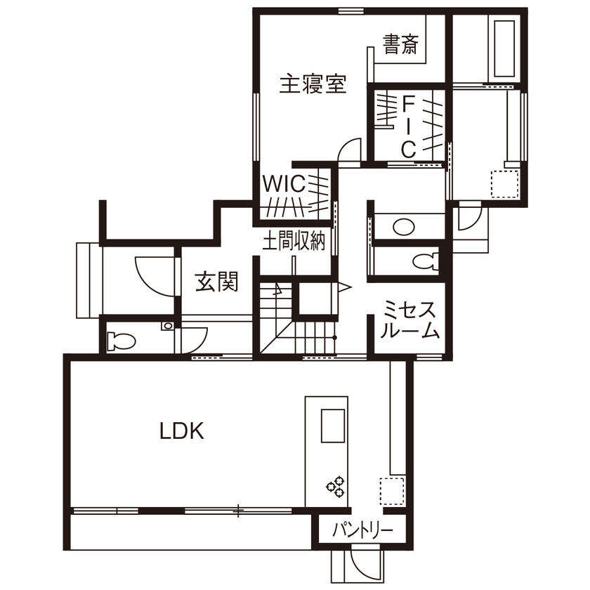 コラボハウス一級建築士事務所 2000万円台｜間取図｜平屋感覚｜真っ直ぐな生活動線で暮らしやすい、老後は階段の上り下りがない平屋風の家の間取り図（３LDK＋ミセスルーム）1階