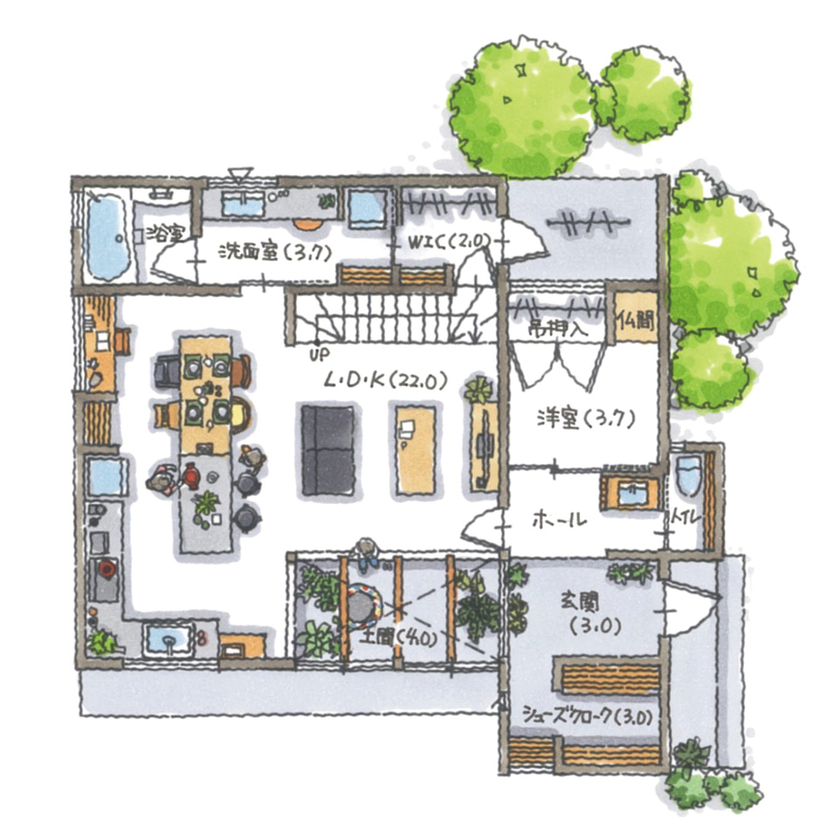 コラボハウス一級建築士事務所 3000万円台｜和泉市｜間取り図｜子ども達も観葉植物もごきげん。光が降り注ぐ土間リビングのある家の間取り図（4LDK）1階