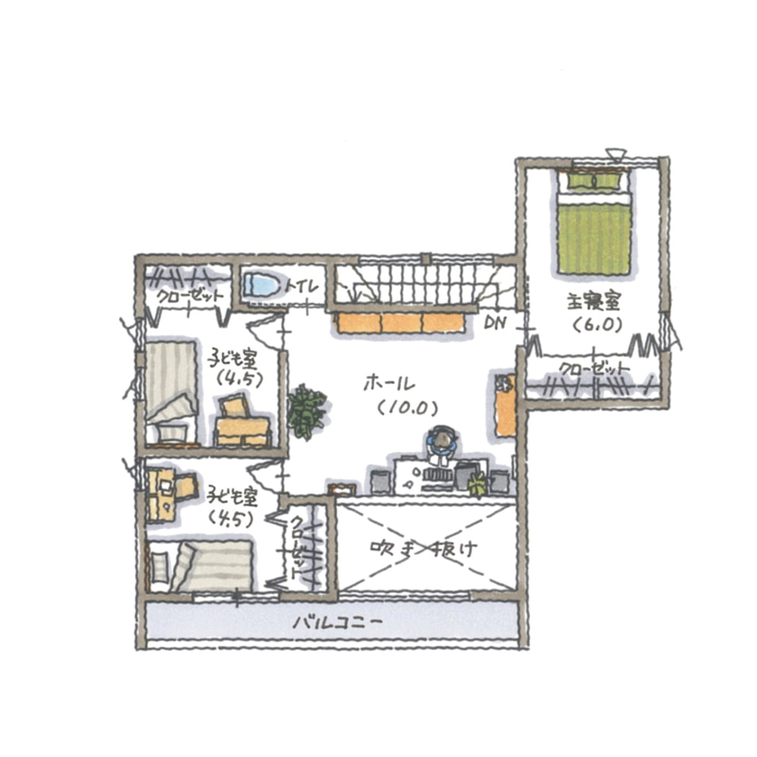 コラボハウス一級建築士事務所 3000万円台｜和泉市｜間取り図｜子ども達も観葉植物もごきげん。光が降り注ぐ土間リビングのある家の間取り図（4LDK）2階
