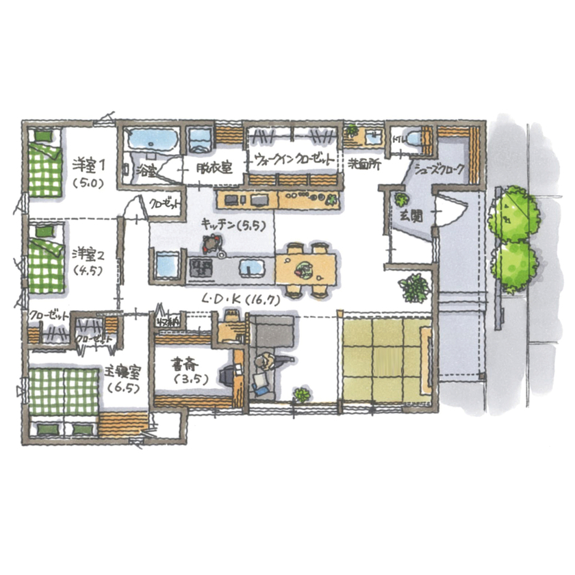 コラボハウス一級建築士事務所 3000万円台｜岸和田市｜30坪台｜間取り図｜リビングが真ん中。家族がつながる平屋の暮らしの間取り図（２LDK＋書斎）1階