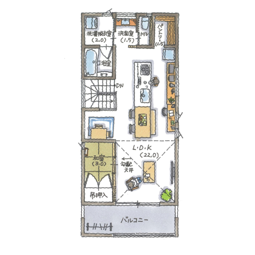 コラボハウス一級建築士事務所 3000万円台｜富田林市｜建て替え｜間取り図｜空が近い。柔らかな自然光に包まれる2階リビングの家の間取り図（4LDK）2階