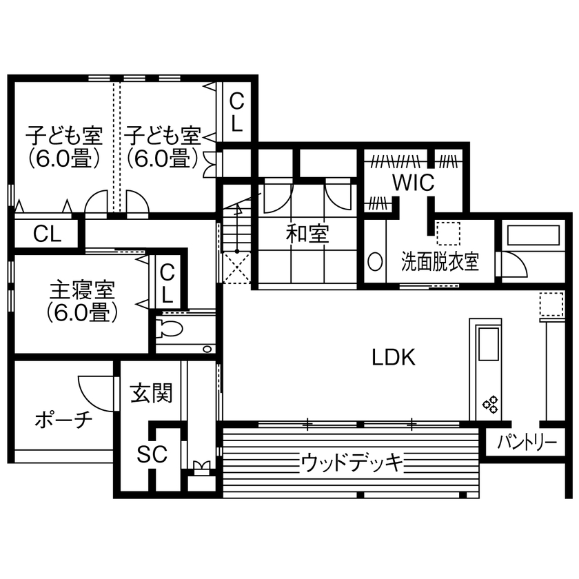 コラボハウス一級建築士事務所 【2000万円台／約34坪／間取り図有】緑とウッドデッキのあるお庭を楽しむ平屋／ロフトの間取り図（4LDK+ロフト）1階