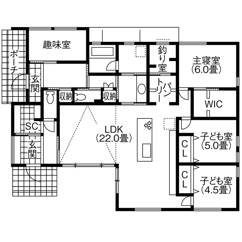 コラボハウス一級建築士事務所 【36坪／間取り図有】店舗兼自宅／黒×グレーのスタイリッシュな平屋／設計の工夫を活かした旗竿地の間取り図（5LDK+WIC）1階