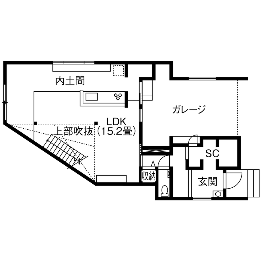 コラボハウス一級建築士事務所 【約44坪／間取り図有】愛猫もゆったり過ごせる薪ストーブがある快適な住まいの間取り図（2LDK+ガレージ）1階
