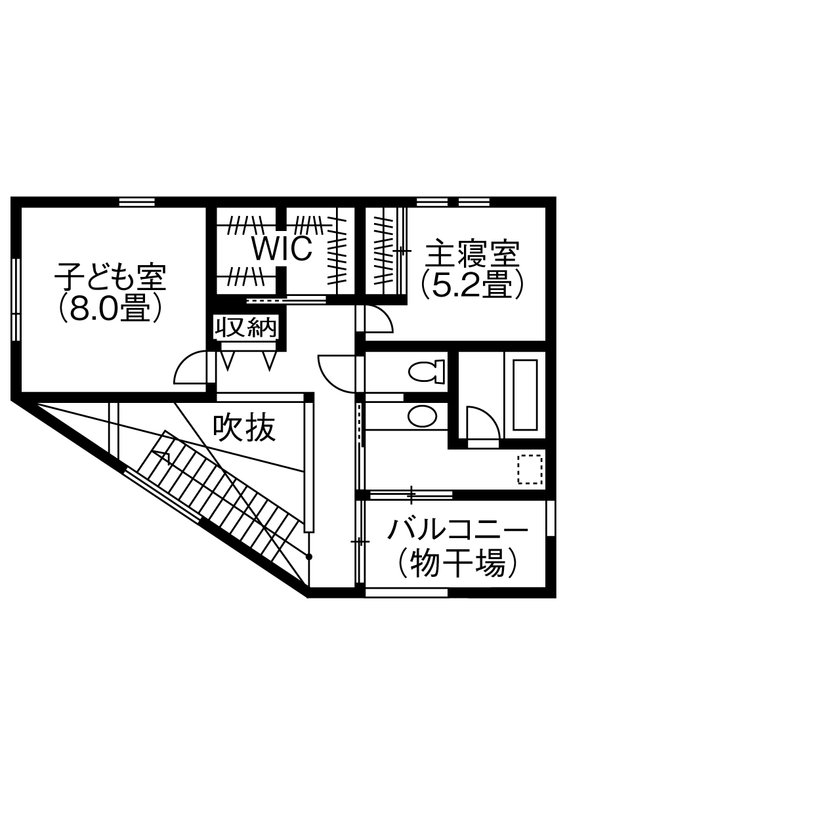 コラボハウス一級建築士事務所 【約44坪／間取り図有】愛猫もゆったり過ごせる薪ストーブがある快適な住まいの間取り図（2LDK+ガレージ）2階