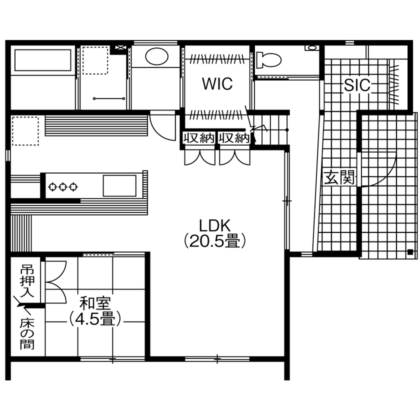 コラボハウス一級建築士事務所 【2000万円台／約34坪／間取り図有】和モダン×ブルックリンがお洒落な家の間取り図（5LDK+WIC）1階