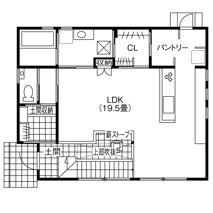 コラボハウス一級建築士事務所 【2000万円台／約34坪／間取り図有】薪ストーブと土間がある和風の家の間取り図（4LDK+パントリー）1階