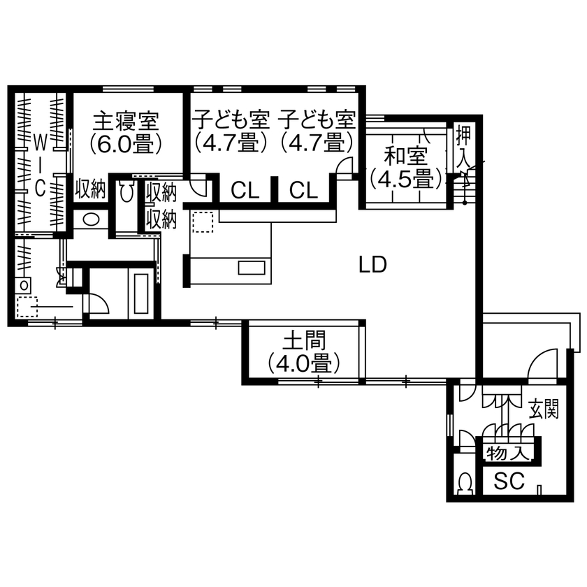 コラボハウス一級建築士事務所 【3000万円台／39坪／間取り図有】薪ストーブがある焼杉の平屋／土間リビングの間取り図（4LDK+ロフト）1階