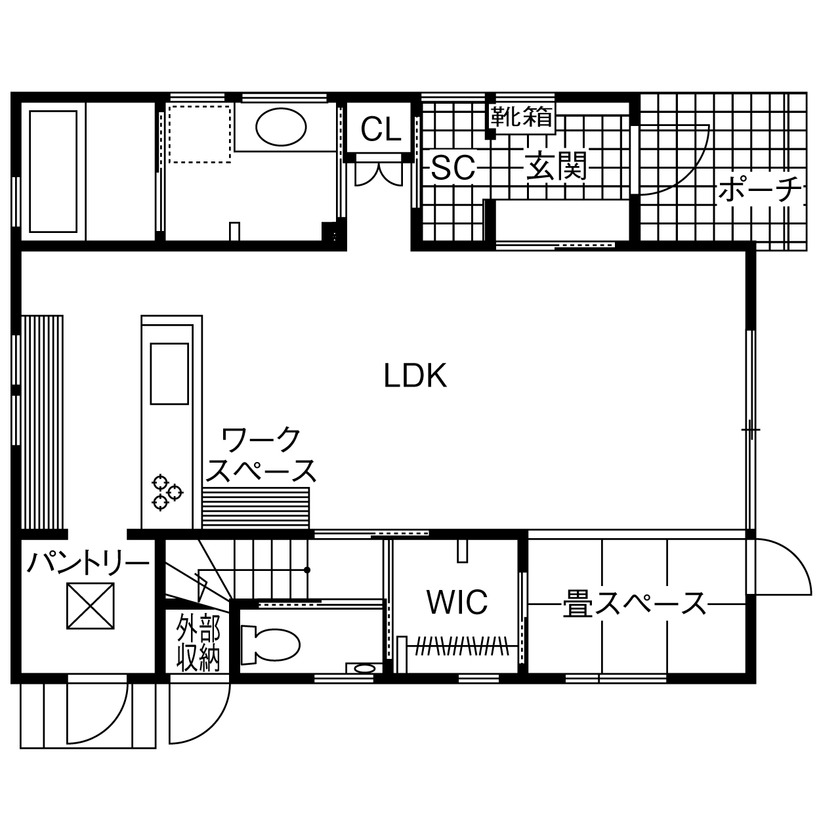コラボハウス一級建築士事務所 【2000万円台／約35坪／間取り図有】オーシャンブルーが映える家の間取り図（4LDK+畳スペース+WIC）1階
