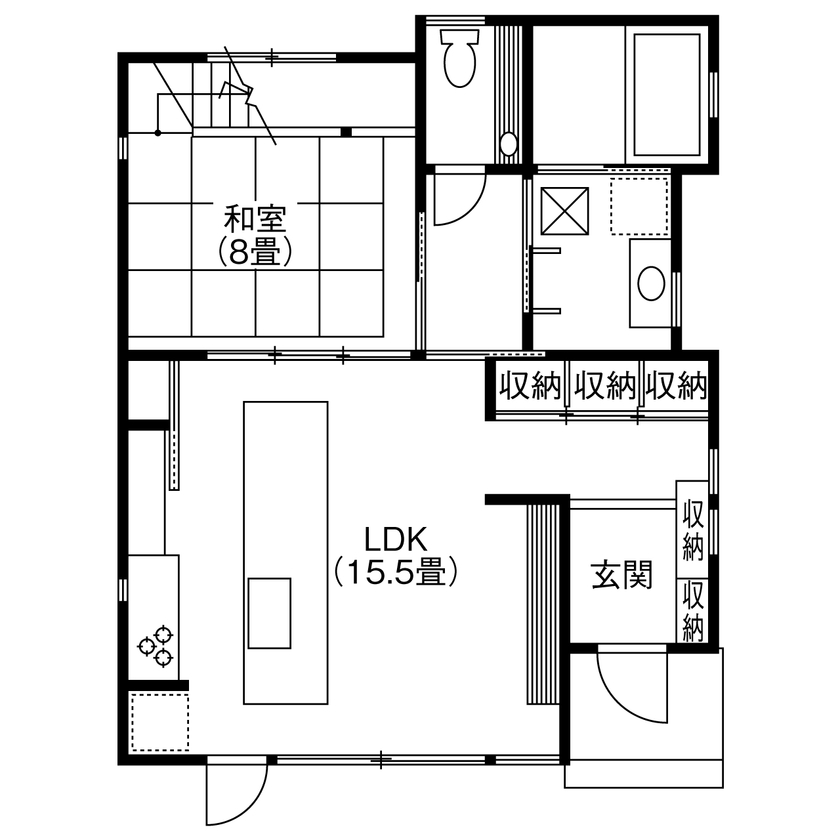 コラボハウス一級建築士事務所 【2000万円台／約32坪／間取り図有】大黒柱のある和モダンな家／ウッドデッキ／スケルトン階段の間取り図（4LDK+WIC）1階
