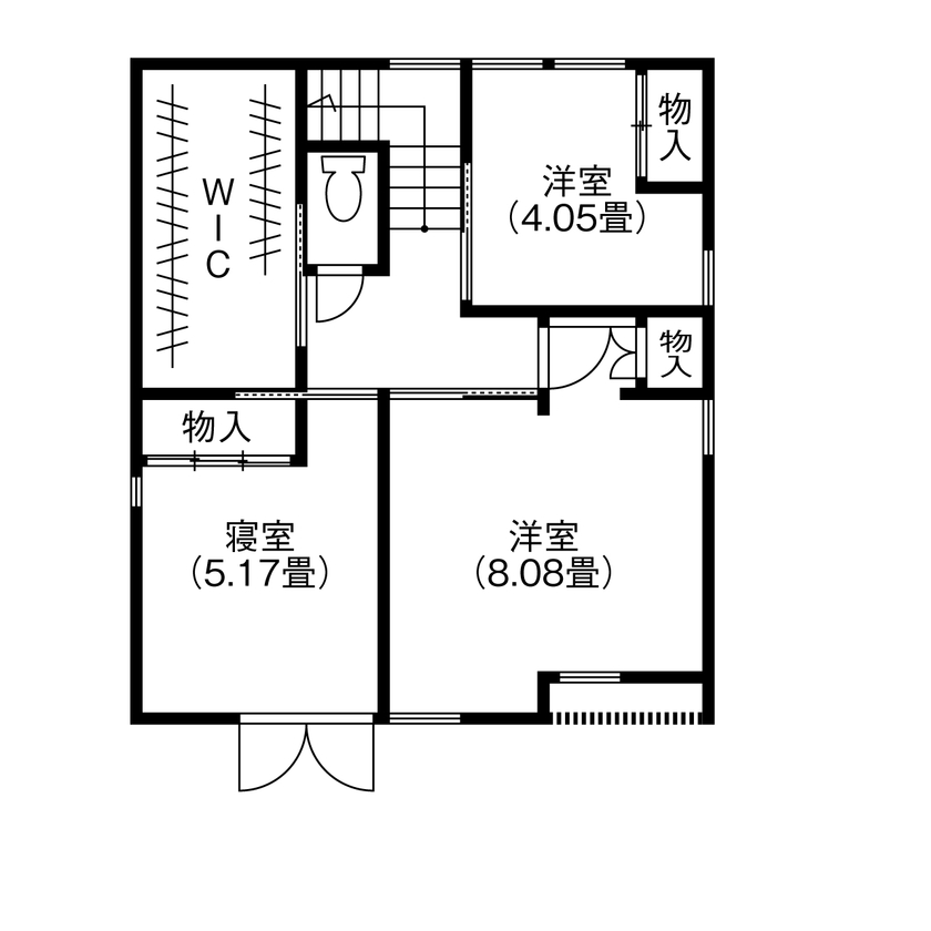 コラボハウス一級建築士事務所 【2000万円台／約32坪／間取り図有】大黒柱のある和モダンな家／ウッドデッキ／スケルトン階段の間取り図（4LDK+WIC）2階