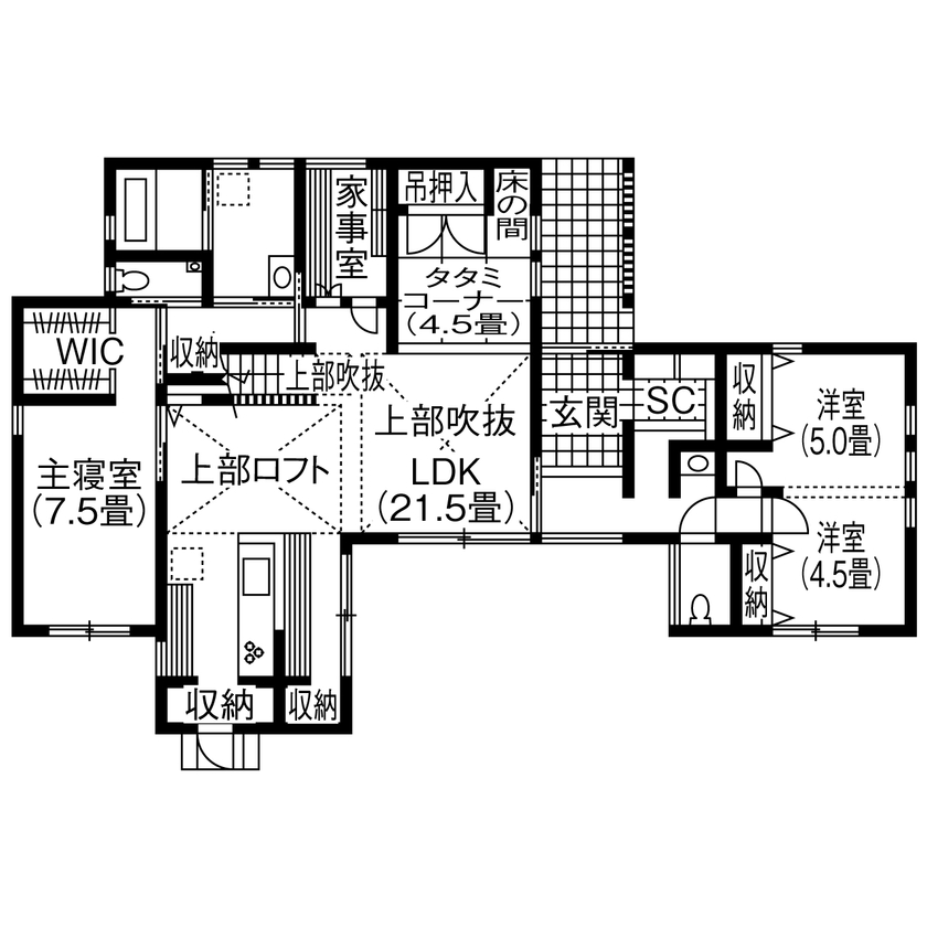 コラボハウス一級建築士事務所 【2000万円台／約36坪／間取り図有】四季を感じる和モダンテイストな高級平屋の間取り図（3LDK+WIC+ロフト）1階