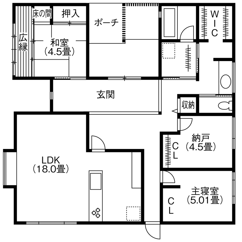 コラボハウス一級建築士事務所 【2000万円台／約31坪／間取り図有】旅館のような離れの和室がある家の間取り図（2LDK+納戸+WIC）1階