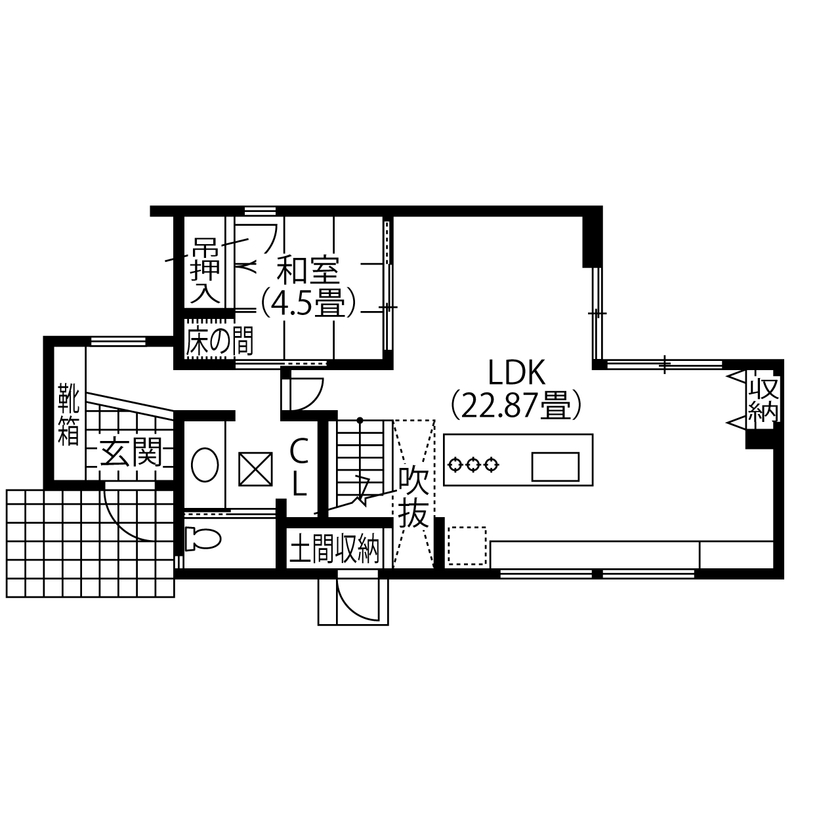 コラボハウス一級建築士事務所 【3000万円台／約37坪／間取り図有】おしゃれなアイランドキッチンと階段本棚のある家の間取り図（2LDK+納戸）1階